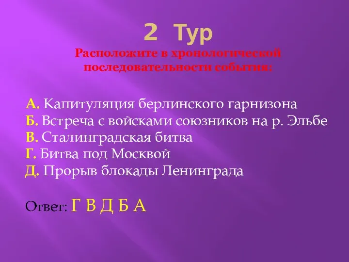 2 Тур Расположите в хронологической последовательности события: А. Капитуляция берлинского гарнизона Б. Встреча