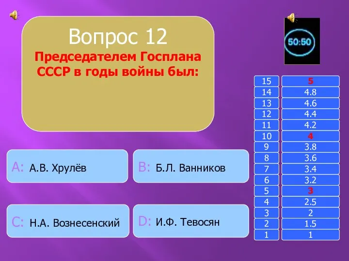 Вопрос 12 Председателем Госплана СССР в годы войны был: B: Б.Л. Ванников A: