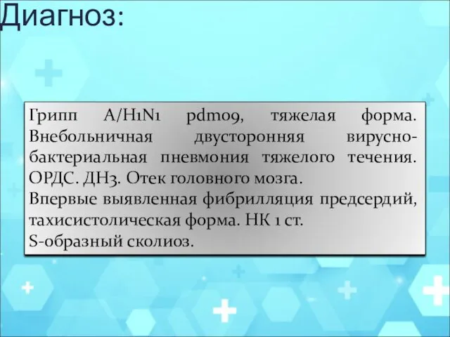 Диагноз: Грипп A/H1N1 pdm09, тяжелая форма. Внебольничная двусторонняя вирусно-бактериальная пневмония