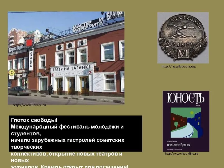 http://www.bookline.ru http://www.ilovecz.ru http://ru.wikipedia.org Глоток свободы! Международный фестиваль молодежи и студентов,