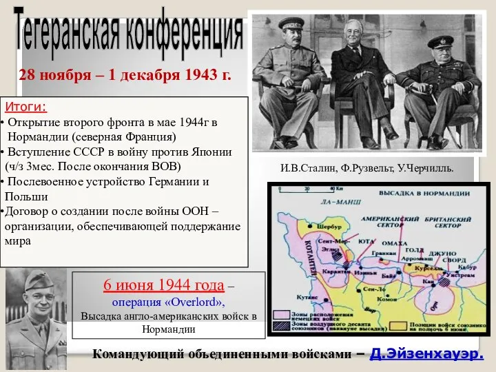 Тегеранская конференция И.В.Сталин, Ф.Рузвельт, У.Черчилль. Итоги: Открытие второго фронта в