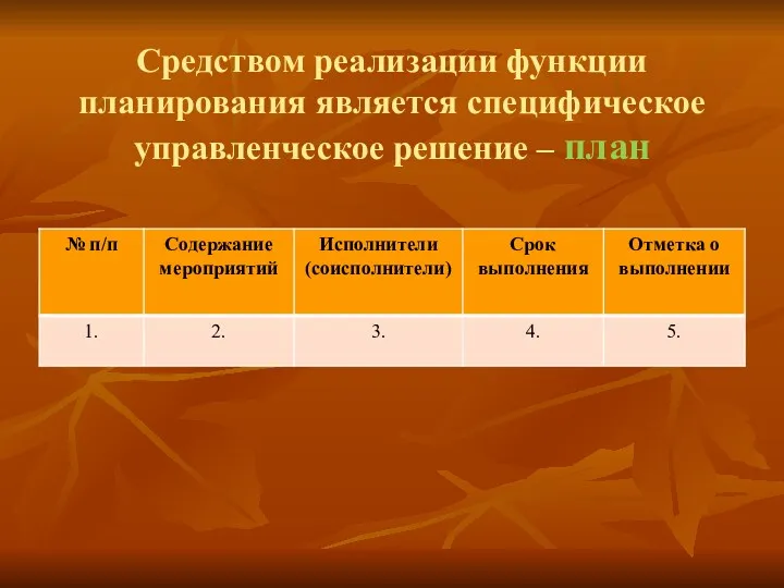 Средством реализации функции планирования является специфическое управленческое решение – план