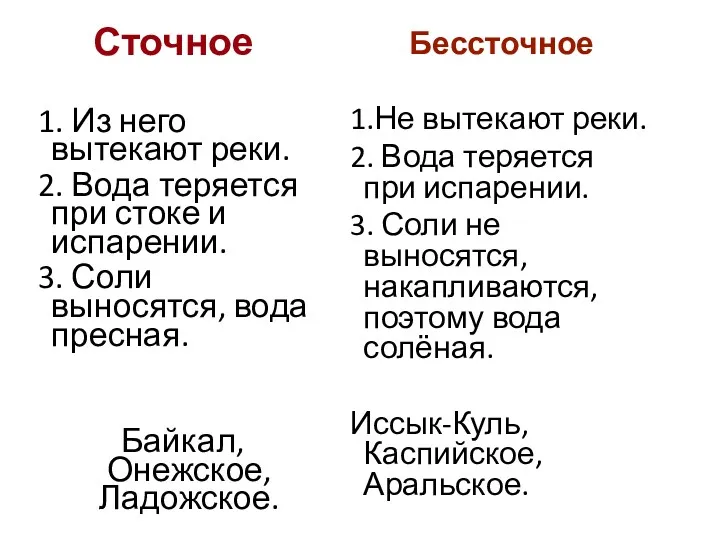 Сточное 1. Из него вытекают реки. 2. Вода теряется при