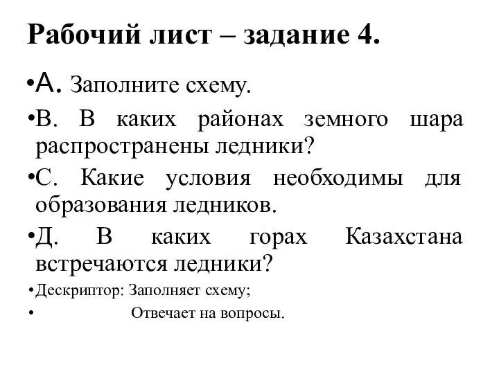 Рабочий лист – задание 4. А. Заполните схему. В. В