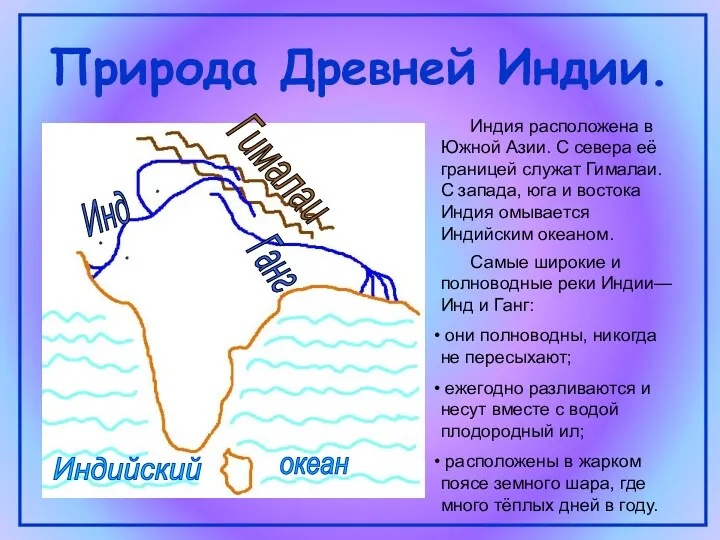 Природа Древней Индии. Индия расположена в Южной Азии. С севера