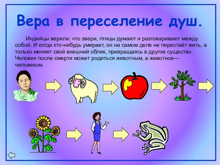 Вера в переселение душ. Индийцы верили, что звери, птицы думают