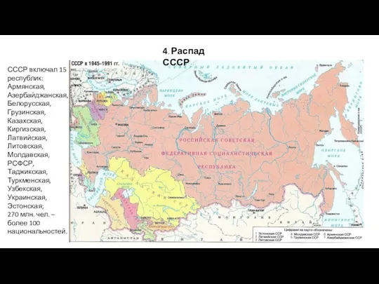 4. Распад СССР СССР включал 15 республик: Армянская, Азербайджанская, Белорусская, Грузинская, Казахская, Киргизская,