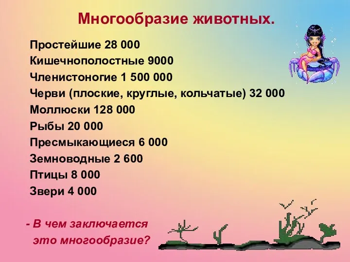 Многообразие животных. Простейшие 28 000 Кишечнополостные 9000 Членистоногие 1 500