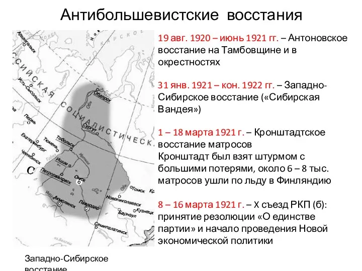 Антибольшевистские восстания Западно-Сибирское восстание 19 авг. 1920 – июнь 1921