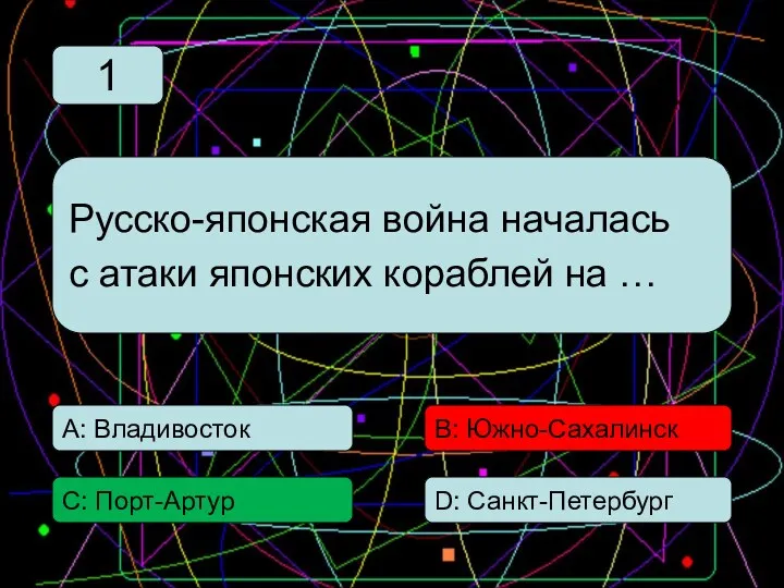 С: Порт-Артур А: Владивосток В: Южно-Сахалинск D: Санкт-Петербург Русско-японская война