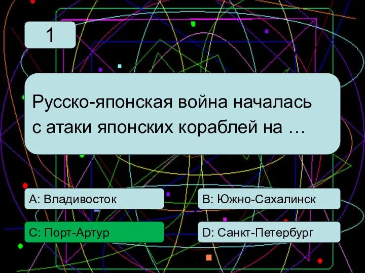 С: Порт-Артур А: Владивосток В: Южно-Сахалинск D: Санкт-Петербург Русско-японская война