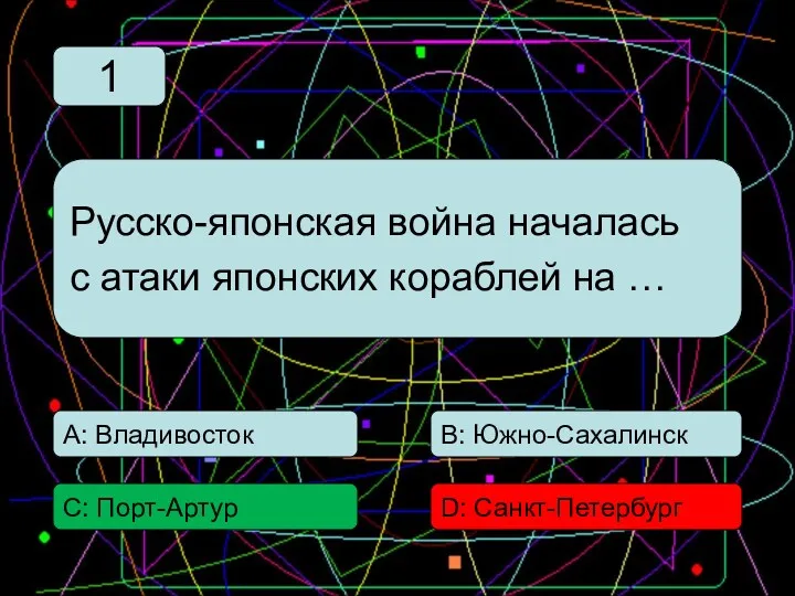 С: Порт-Артур А: Владивосток В: Южно-Сахалинск D: Санкт-Петербург Русско-японская война