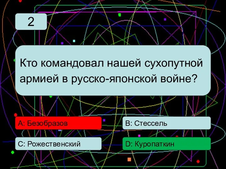 С: Рожественский А: Безобразов В: Стессель D: Куропаткин Кто командовал