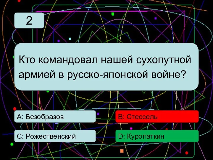 С: Рожественский А: Безобразов В: Стессель D: Куропаткин Кто командовал