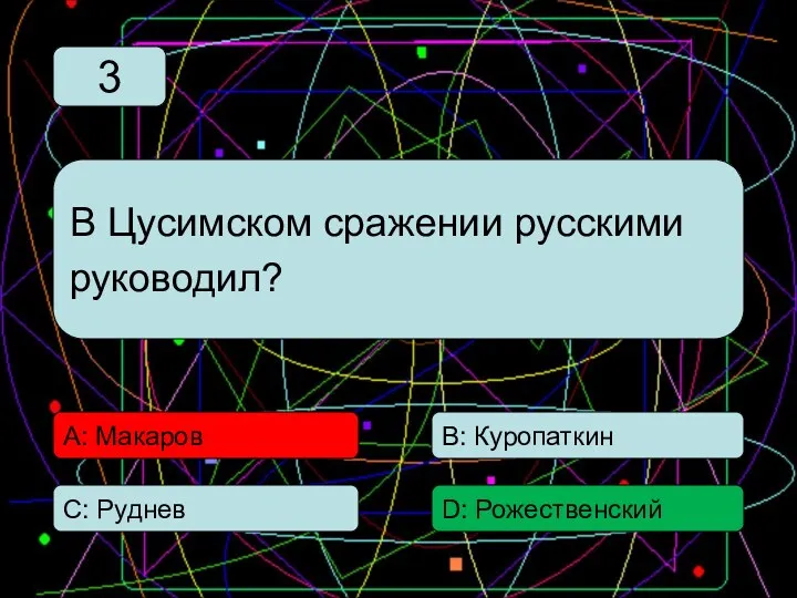 С: Руднев А: Макаров В: Куропаткин D: Рожественский В Цусимском сражении русскими руководил? 3