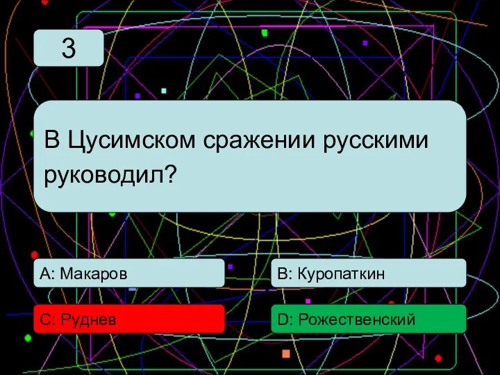 С: Руднев А: Макаров В: Куропаткин D: Рожественский В Цусимском сражении русскими руководил? 3