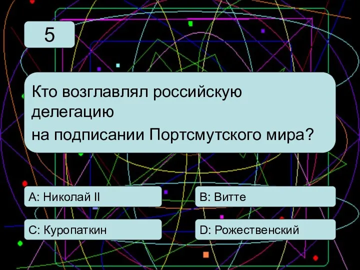 С: Куропаткин А: Николай II В: Витте D: Рожественский Кто