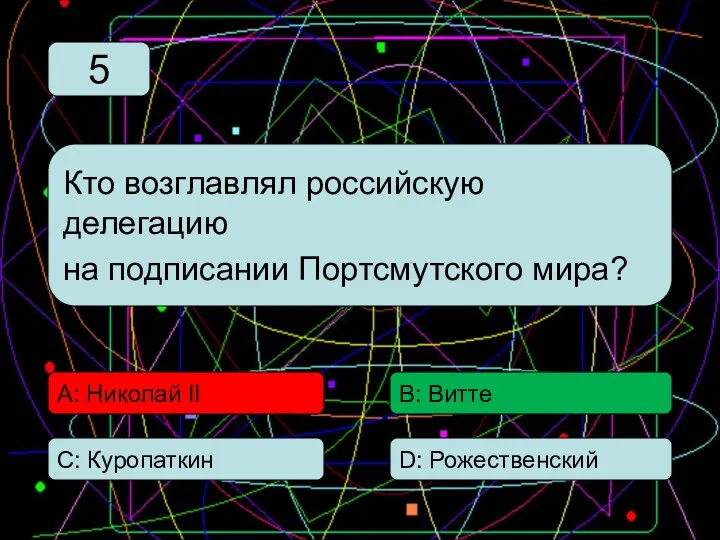 С: Куропаткин А: Николай II В: Витте D: Рожественский Кто