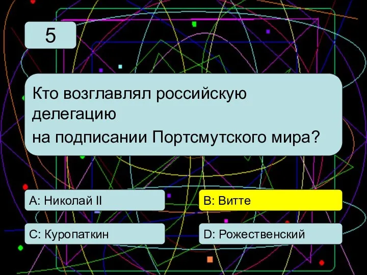 С: Куропаткин А: Николай II В: Витте D: Рожественский Кто