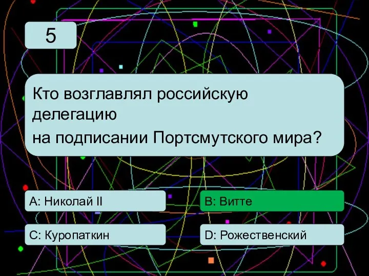 С: Куропаткин А: Николай II В: Витте D: Рожественский Кто