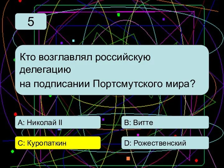 С: Куропаткин А: Николай II В: Витте D: Рожественский Кто