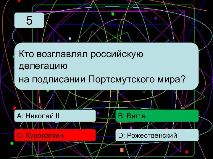 С: Куропаткин А: Николай II В: Витте D: Рожественский Кто