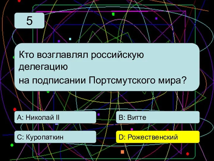 С: Куропаткин А: Николай II В: Витте D: Рожественский Кто