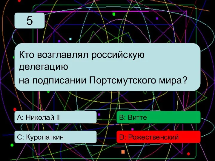 С: Куропаткин А: Николай II В: Витте D: Рожественский Кто