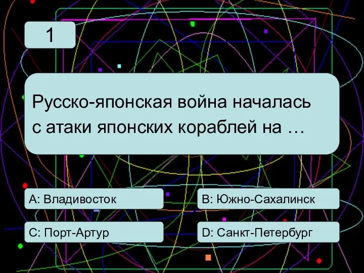 С: Порт-Артур А: Владивосток В: Южно-Сахалинск D: Санкт-Петербург Русско-японская война