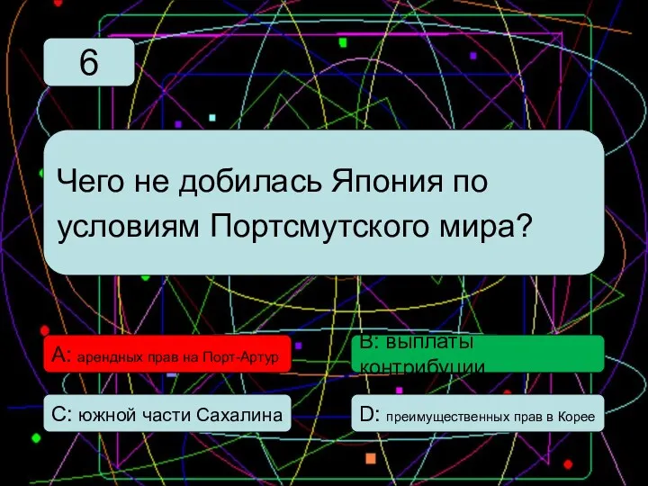 С: южной части Сахалина А: арендных прав на Порт-Артур В: