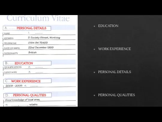 EDUCATION WORK EXPERIENCE PERSONAL DETAILS PERSONAL QUALITIES PERSONAL DETAILS EDUCATION WORK EXPERIENCE PERSONAL QUALITIES