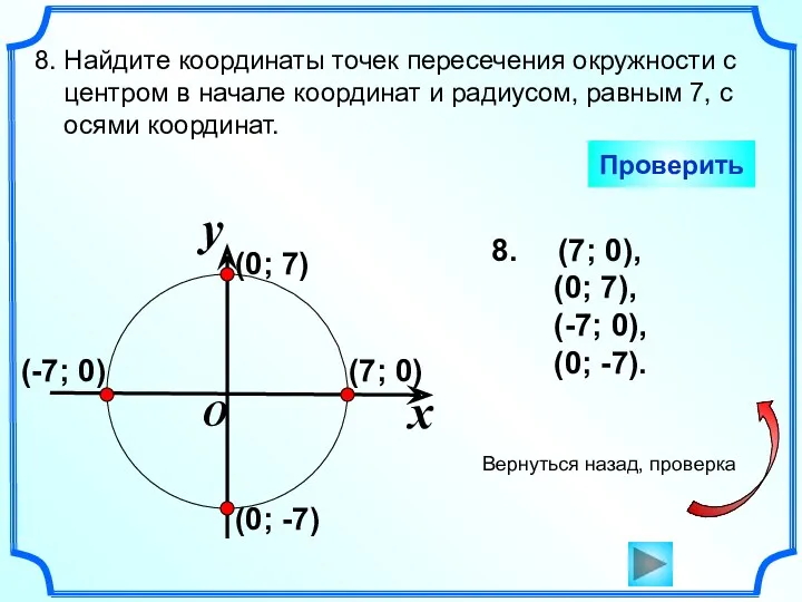 (7; 0), (0; 7), (-7; 0), (0; -7). 8. Найдите