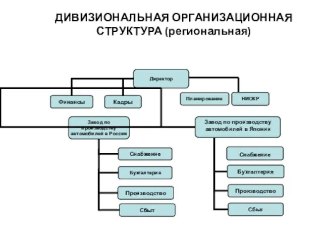 ДИВИЗИОНАЛЬНАЯ ОРГАНИЗАЦИОННАЯ СТРУКТУРА (региональная) Завод по производству автомобилей в Японии