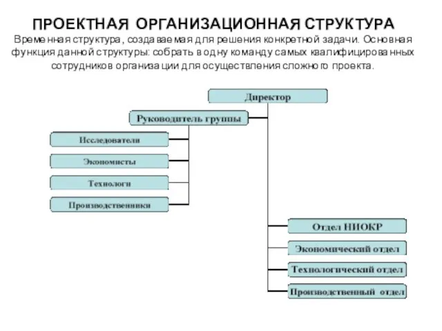 ПРОЕКТНАЯ ОРГАНИЗАЦИОННАЯ СТРУКТУРА Временная структура, создаваемая для решения конкретной задачи. Основная функция данной