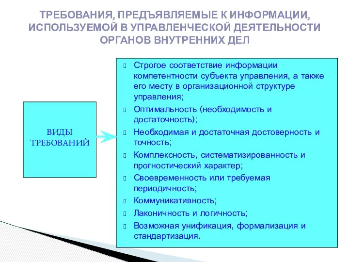 ТРЕБОВАНИЯ, ПРЕДЪЯВЛЯЕМЫЕ К ИНФОРМАЦИИ, ИСПОЛЬЗУЕМОЙ В УПРАВЛЕНЧЕСКОЙ ДЕЯТЕЛЬНОСТИ ОРГАНОВ ВНУТРЕННИХ