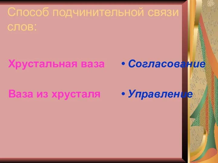 Способ подчинительной связи слов: Хрустальная ваза Ваза из хрусталя Согласование Управление