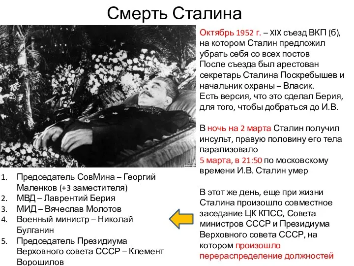Смерть Сталина Октябрь 1952 г. – XIX съезд ВКП (б),