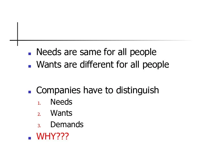 Needs are same for all people Wants are different for all people Companies