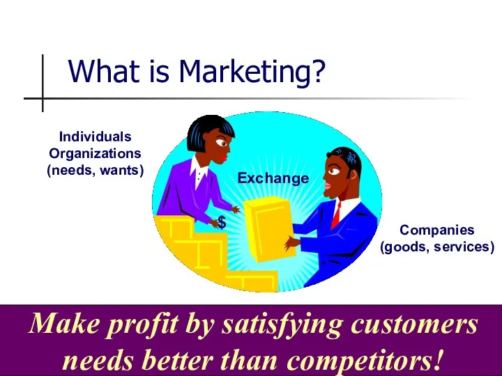 What is Marketing? Make profit by satisfying customers needs better than competitors!