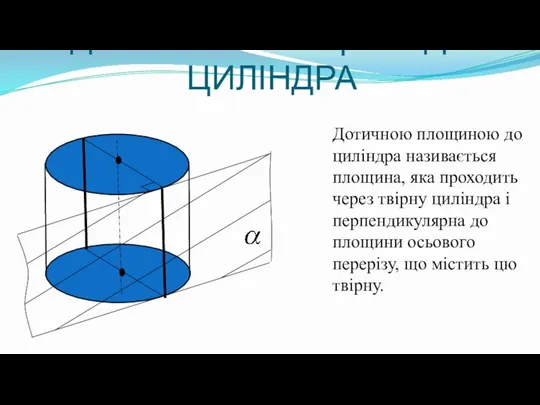 Дотичною площиною до циліндра називається площина, яка проходить через твірну