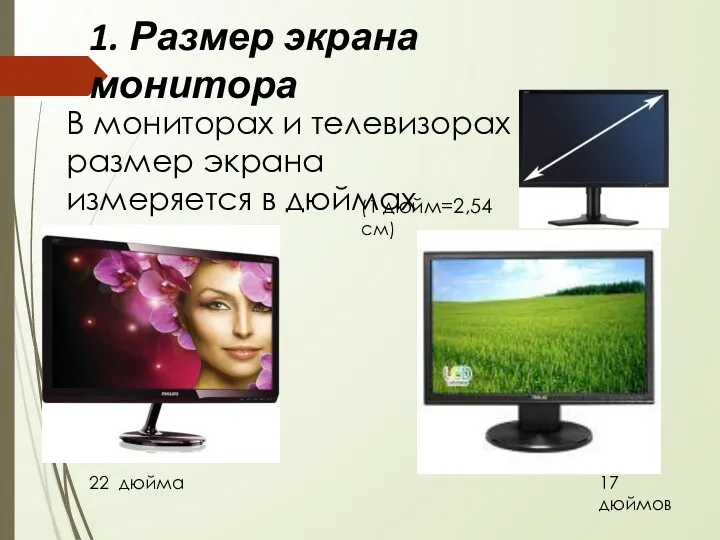 (1 дюйм=2,54 см) В мониторах и телевизорах размер экрана измеряется