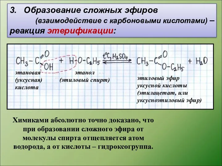 3. Образование сложных эфиров (взаимодействие с карбоновыми кислотами) – реакция