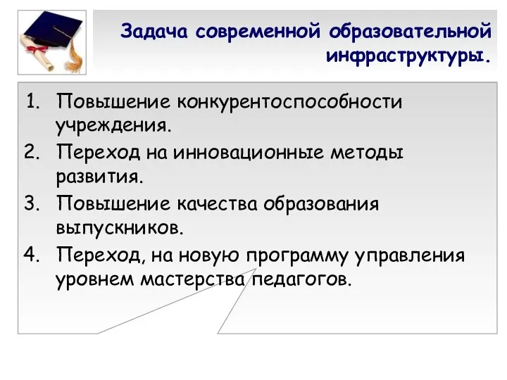 Задача современной образовательной инфраструктуры. Повышение конкурентоспособности учреждения. Переход на инновационные