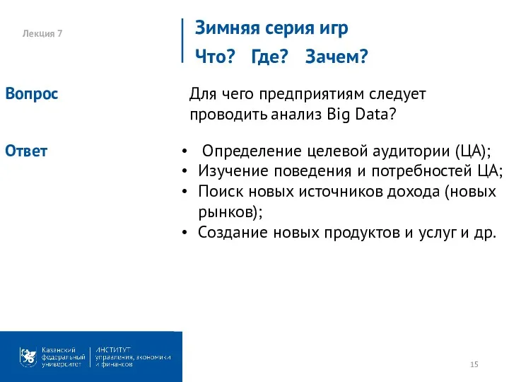 Лекция 7 Зимняя серия игр Для чего предприятиям следует проводить