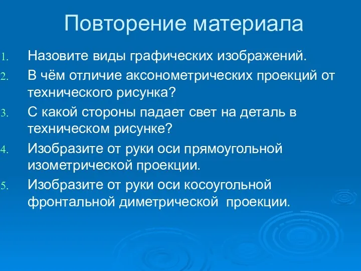 Повторение материала Назовите виды графических изображений. В чём отличие аксонометрических