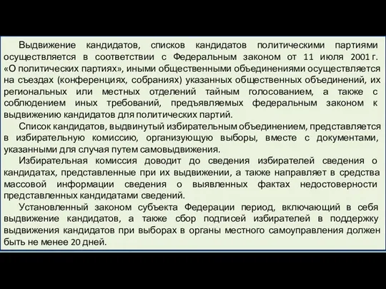 Выдвижение кандидатов, списков кандидатов политическими партиями осуществляется в соответствии с