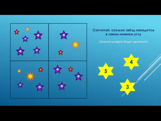 Сосчитай, сколько звёзд находится в левом нижнем углу Нужная цифра будет двигаться 5 3 4