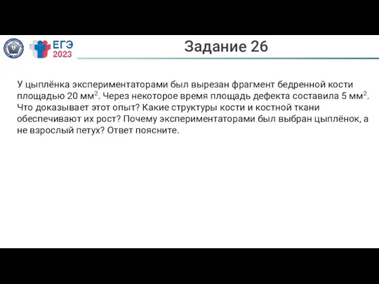 Задание 26 У цыплёнка экспериментаторами был вырезан фрагмент бедренной кости