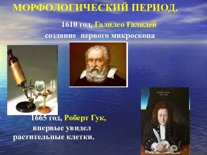 МОРФОЛОГИЧЕСКИЙ ПЕРИОД. 1610 год, Галилео Галилей создание первого микроскопа 1665