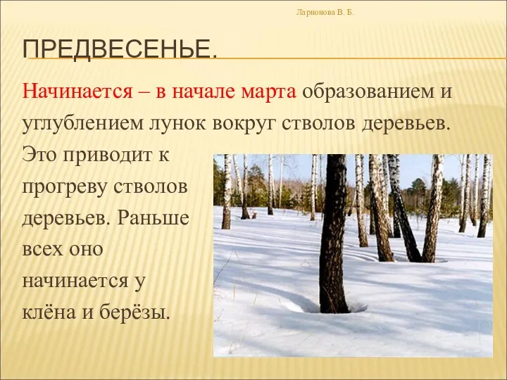 ПРЕДВЕСЕНЬЕ. Начинается – в начале марта образованием и углублением лунок